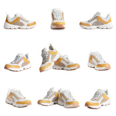 Set of comfortable modern sports shoes on white background