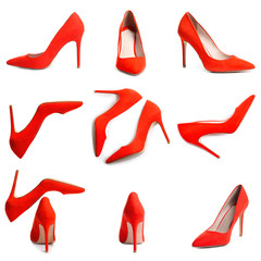 Set of stylish high heel shoes on white background