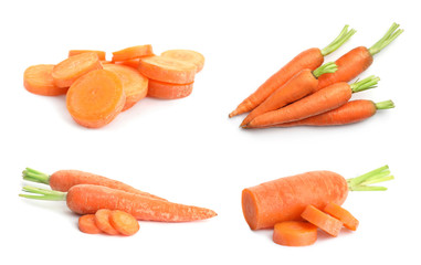 Set of fresh ripe carrots on white background