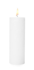 One alight wax candle on white background