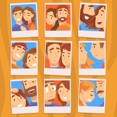 Portraits of Romantic Couples in Love Set, Photos of Happy Men and Women Vector Illustration