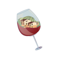 Two houses and a field inside a glass of wine. Vector illustration on white background.