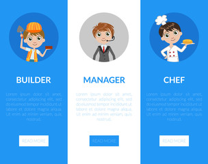 Kids of Different Professions Set, Builder, Manager, Chef Vertical Banners, Landing Page Templates, Kindergarten Career Day Vector Illustration