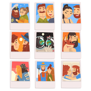 Portraits of Happy People Set, Photos of Romantic Couples, Families, Male Owner and His Pet Dog Vector Illustration