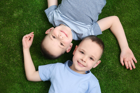 Portrait of cute twin brothers on green grass, top view