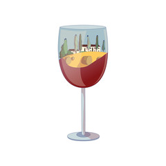 Yellow field with bales of straw inside a wine glass. Vector illustration on white background.