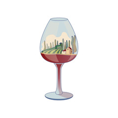 Wine glass with country landscape vnturi. Vector illustration on white background.