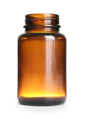 Clean empty bottle for pills on white background