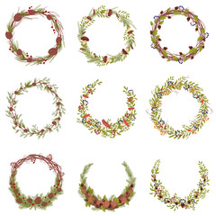Set of images of decorative wreaths of branches and forest fruits. Vector illustration on white background.