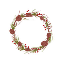 Wreath of tree and pine branches. Vector illustration on white background.