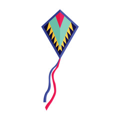 Obraz premium Flying handle kite for outdoor fun games and beach activities in flat design. Colorful kids flying toy single icon isolated on white background.