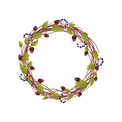 Wreath of oak branches with leaves. Vector illustration on white background.