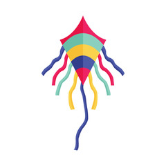 Flying handle kite for outdoor fun games and beach activities in flat design. Colorful kids flying toy single icon isolated on white background.