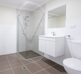 Fototapeta na wymiar Australian New Home Bathroom Interior with shower, vanity and toilet