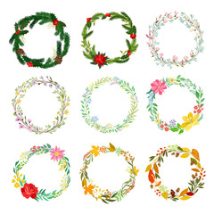 Set of decorative wreaths of fresh flowers and branches. Vector illustration on white background.