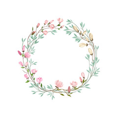 Fototapeta na wymiar Spring wreath of thin branches and leaves. Vector illustration on white background.