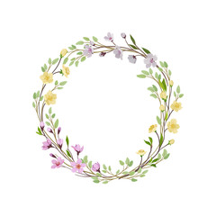 Obraz na płótnie Canvas Spring wreath of thin branches and young leaves. Vector illustration on white background.