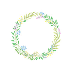 Fototapeta na wymiar Spring wreath of thin branches, young leaves and flowers. Vector illustration on white background.