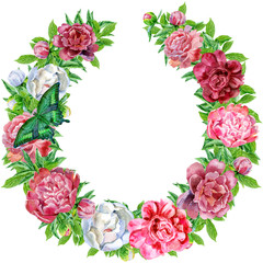 Lush luxury wreath of peonies and butterfly