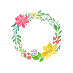 Summer wreath of leaves and bright flowers. Vector illustration on white background.