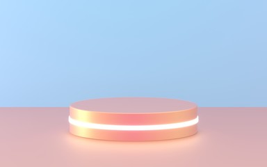 Round podium, pedestal or platform, illuminated by led spotlights. illustration. Bright lightpodium. Advertising place. Blank product stand and with light. Empty showcase. 3d Rendering.