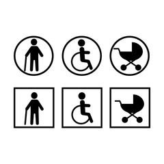 Blacke round and square stickers this a person in a wheelchair, man with a disability and elderly on crutches, baby stroller, vector icons.