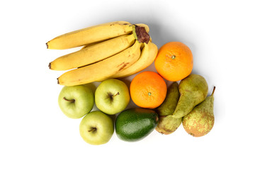 Banana, orange, avocado, pear and green apple isolated on white background.
