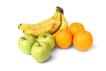 Banana, orange and green apple isolated on white background.