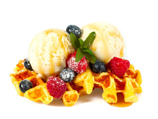 belgian waffles with ice cream and berries