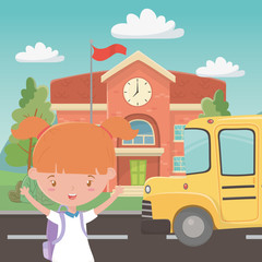 School building bus and girl design