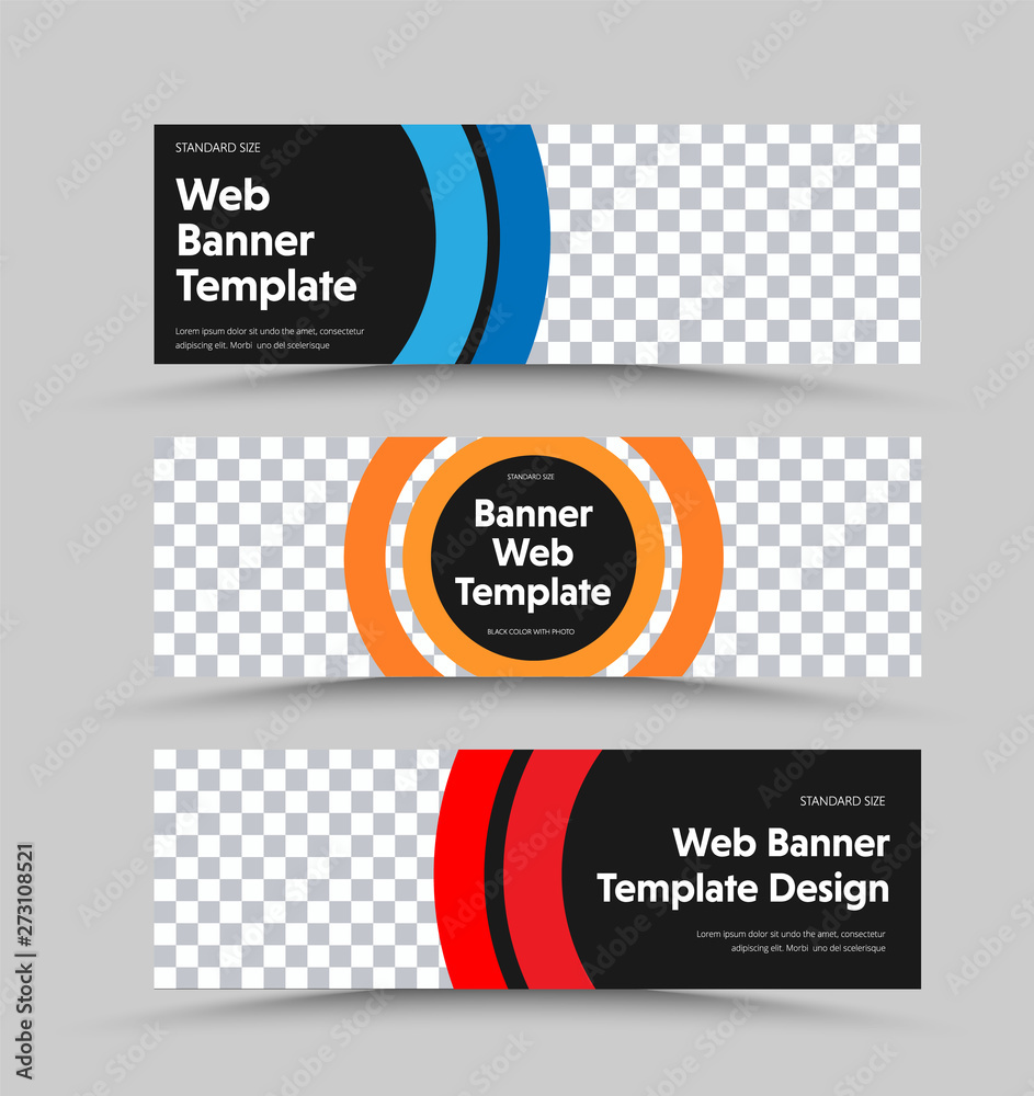 Aufkleber Design black vector horizontal web banners with place for photo and color round design elements.