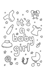 Fototapeta na wymiar Hand drawn set 'it's a baby girl', doodle