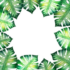 Fototapeta na wymiar Beautiful tropical leaves frame. Monstera, palm. Watercolor painting. Exotic plant. Natural print. Sketch drawing. Botanical composition. Greeting card. Painted background. Hand drawn illustration.