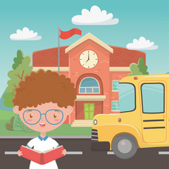 Obraz na płótnie Canvas School building bus and boy design