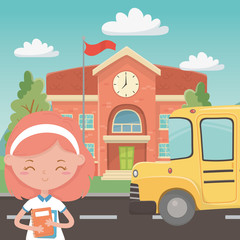 Obraz na płótnie Canvas School building bus and girl design
