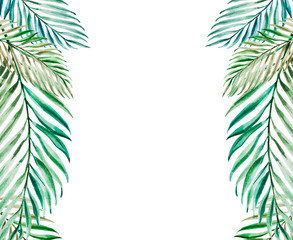 Fototapeta na wymiar Beautiful tropical leaves frame. Palm. Watercolor painting. Exotic plant. Natural print. Sketch drawing. Botanical composition. Greeting card. Painted background. Hand drawn illustration.