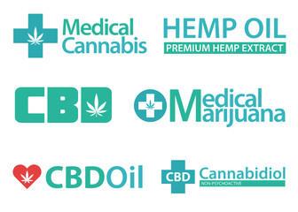 Medical Marijuana, Cannabis logo icon set.  Set of medical and recreational marijuana logo and icons. Marijuana Healthcare logo. CBD logo. Isolated vector illustration. . For web, packaging, product, 