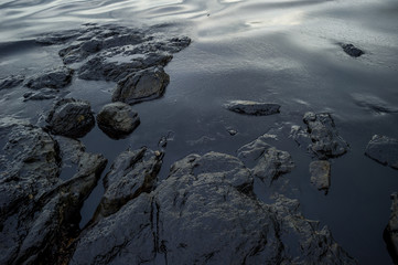 Oil sludge contaminating the sea during the oil spill disaster in Samet Island, Rayong, Thailand.