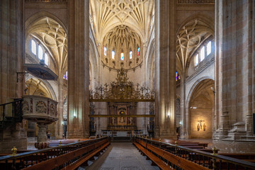 Fototapeta premium Vista de Segovia con catedral gótica, casas antiguas típicas, muralla de la ciudad. Noches, pináculos y torre. Segovia, España
