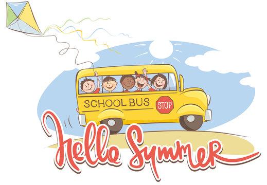 Cheerful kids on the school bus / Vector illustration on a theme summer time