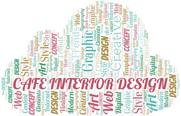 Obraz premium Cafe Interior Design word cloud. Wordcloud made with text only.
