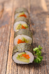 maki sushi with rice and vegetable and sauce