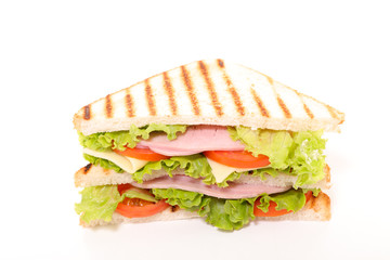 sandwich with ham, cheese and vegetable on white background