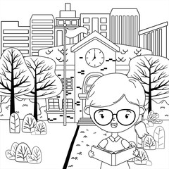 School building and girl cartoon design