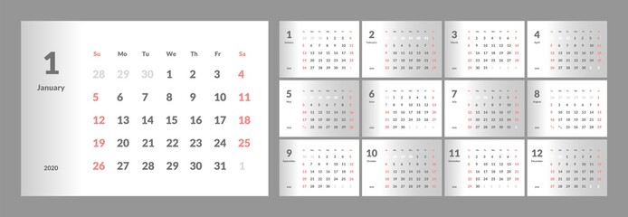 Vector of 2020 new year calendar in clean minimal table simple style. Week Starts Sunday.