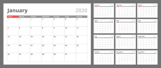 Calendar for 2020 new year in clean minimal table simple style. Week Starts on Sunday. Set of 12 Months.