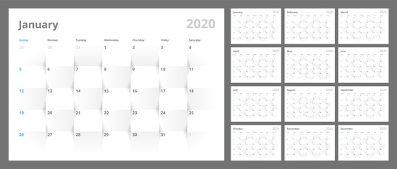 Calendar for 2020 new year in clean minimal table simple style. Week Starts on Sunday. Set of 12 Months.