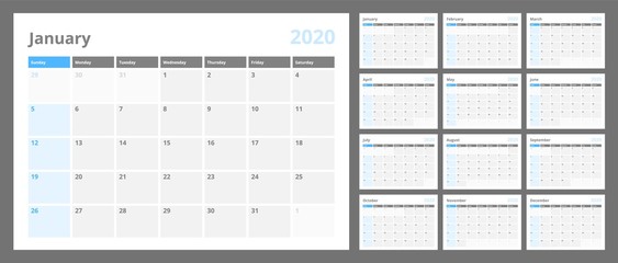 Calendar for 2020 new year in clean minimal table simple style. Week Starts on Sunday. Set of 12 Months.