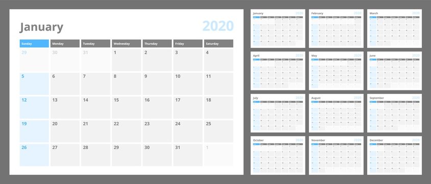 Calendar For 2020 New Year In Clean Minimal Table Simple Style. Week Starts On Sunday. Set Of 12 Months.