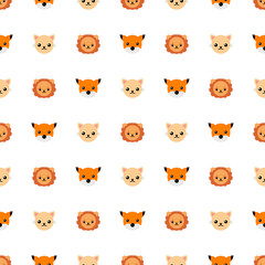 Seamless pattern with cute cat, lion and fox. Vector illustration for design, web, wrapping paper, fabric, wallpaper.